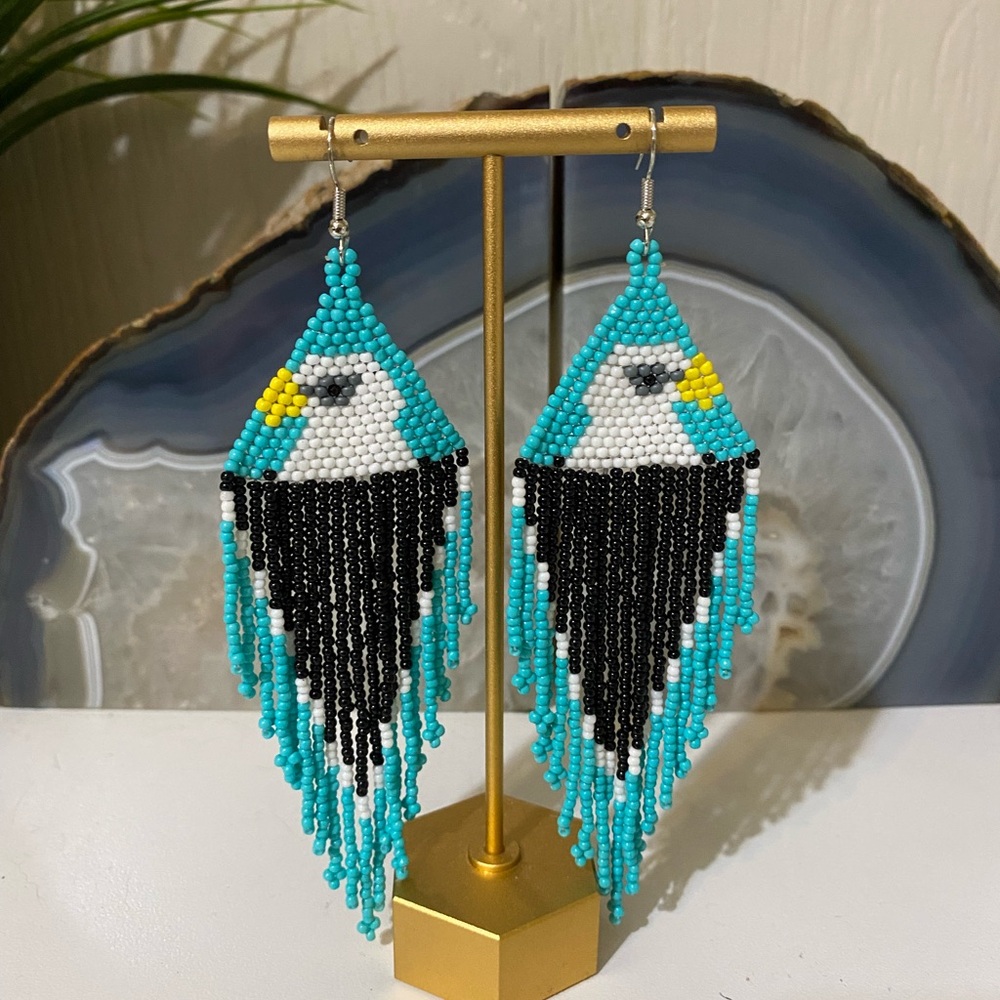 Handcrafted Beaded Eagle Earrings - Black, White, Yellow, Blue